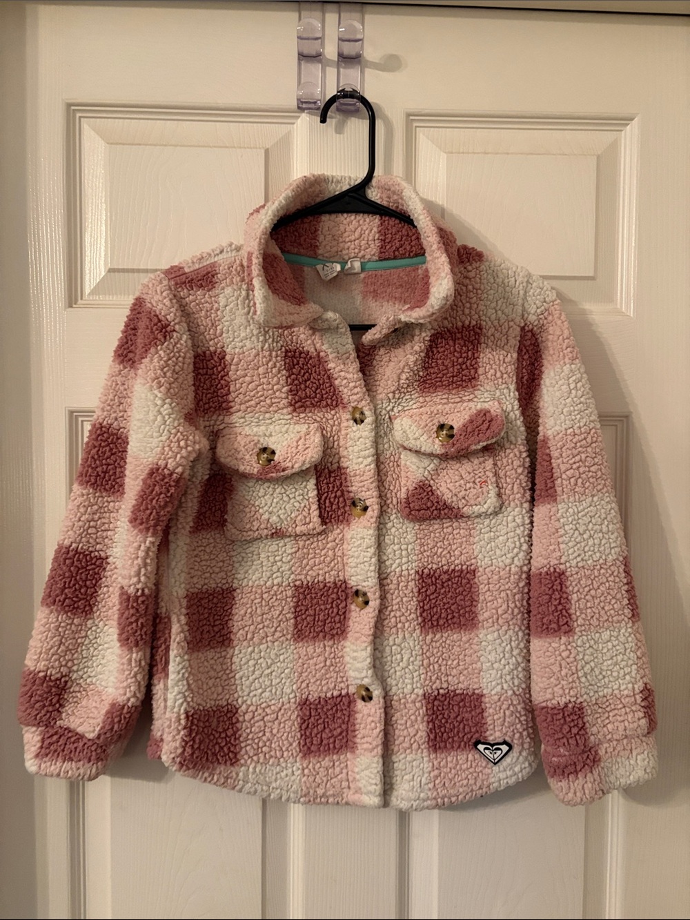 Roxy Pink and Cream Check Sherpa Puffer Jacket